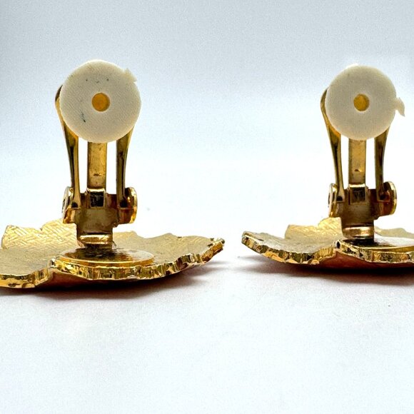 1980s Vintage Gold Tone Cloisonne Flower Clip-On Earrings Pink Mauve Enamel - Picture 4 of 7